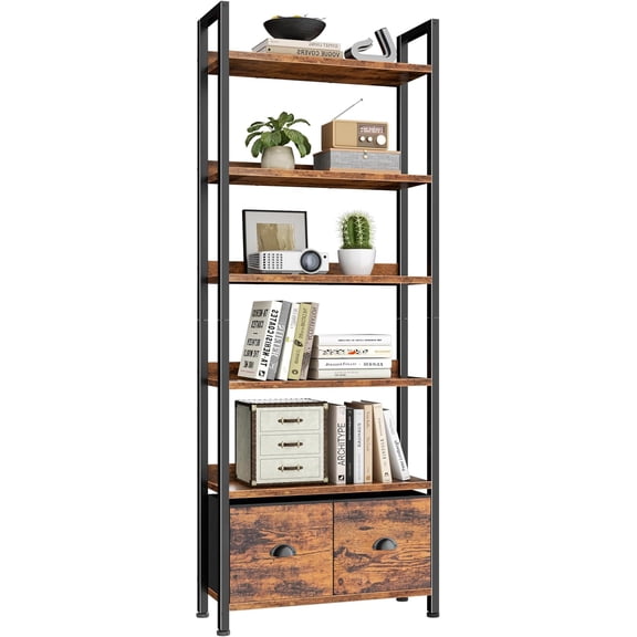 6-Tier Bookshelf, Tall 71" Rustic Bookcase with 2 Drawers Storage Organizer, Industrial Display Free Standing Shelf Units, Wood and Metal Storage Rack for Home Office, Bedroom, Rustic Brown | Bookcas