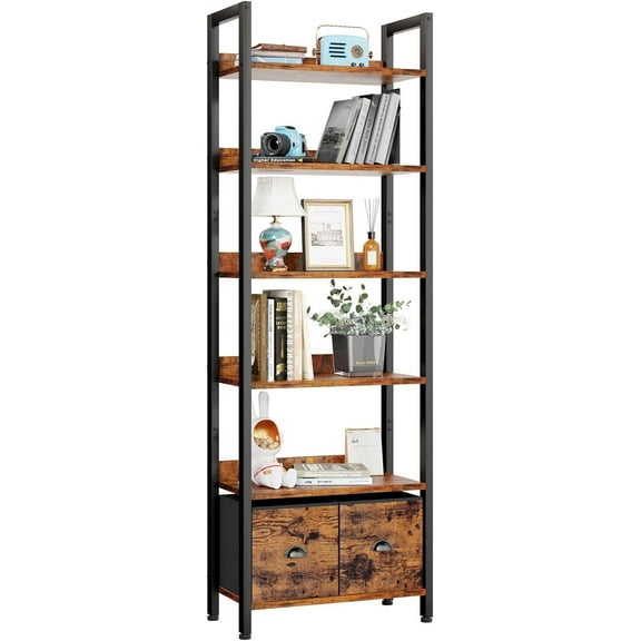 6-Tier Bookshelf, Tall Bookcase with 2 Drawers Storage Organizer, Industrial Display Free Standing Shelf Units, Wood and Metal Storage Rack for Home Office, Bedroom,Rustic Brown