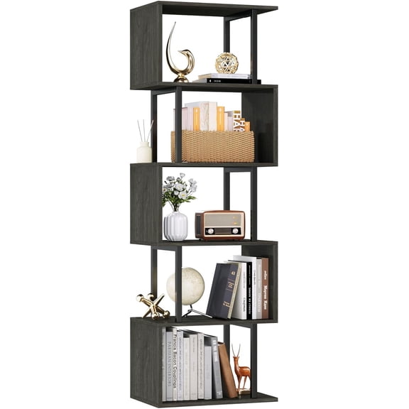 6 Tier S-Shaped Geometric Bookshelf, Metal & MDF Storage Display Rack, Freestanding Room Divider for Living Room Bedroom Office