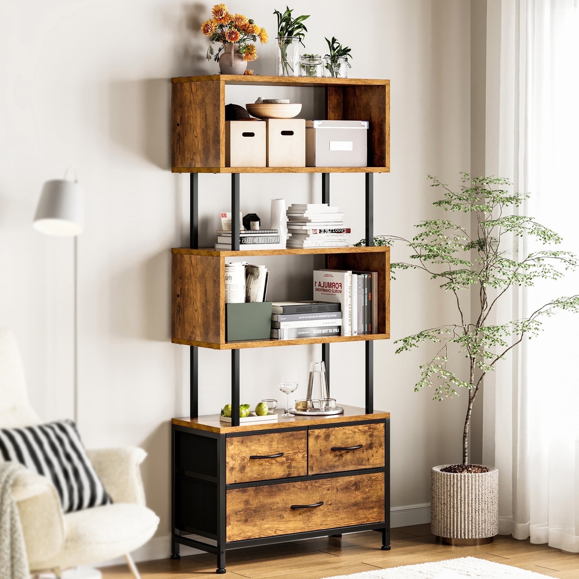 Casacomoda 3-Drawer 6-Tier Geometric Bookshelf, Wood Metal Storage
