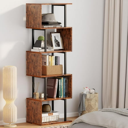 6 Tier Bookshelf, Tall S Shaped Geometric Bookcase, Modern Display Shelf Standing Unit, Wood Metal Decorative Divider Rack for Living Room Bedroom Office, Rustic Brown