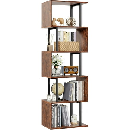 6 Tier Bookshelf, Tall S Shaped Geometric Bookcase, Modern Display Shelf Standing Unit, Wood Metal Decorative Divider Rack for Living Room Bedroom Office, Rustic Brown | Tall, Bookcase, Display, Book