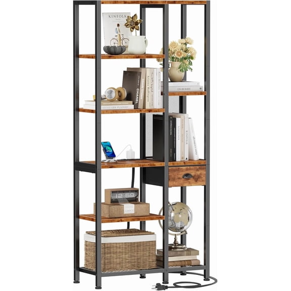 6 Tier Bookshelf with USB Ports and Power Outlet, Book Shelf with Charging Station, Bookcase with Drawer, Storage Shelves for Bedroom, Home Office, Living Room, Bathroom