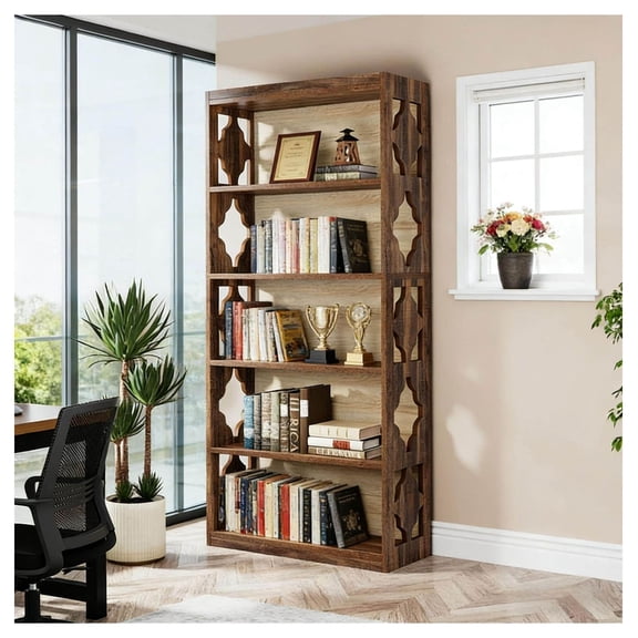 6 Tier Bookshelf, Wood Bookcase with Storage - Rhombus Design, 70 Inch Tall, Home Office Book Shelves