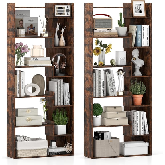 6-Tier Bookshelves Set of 2, Wooden Bookcase with Staggered Shelves, Open Display Shelf w/2 Anti-Tipping Kits, Total 11 Shelves, Decorative Storage Shelving Unit for Living Room, Rustic Brown