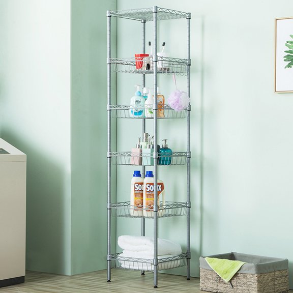 6-Tier Carbon Steel Storage Rack, Adjustable Shelves, Silver Gray - Heavy Duty Organizer for Home & Kitchen