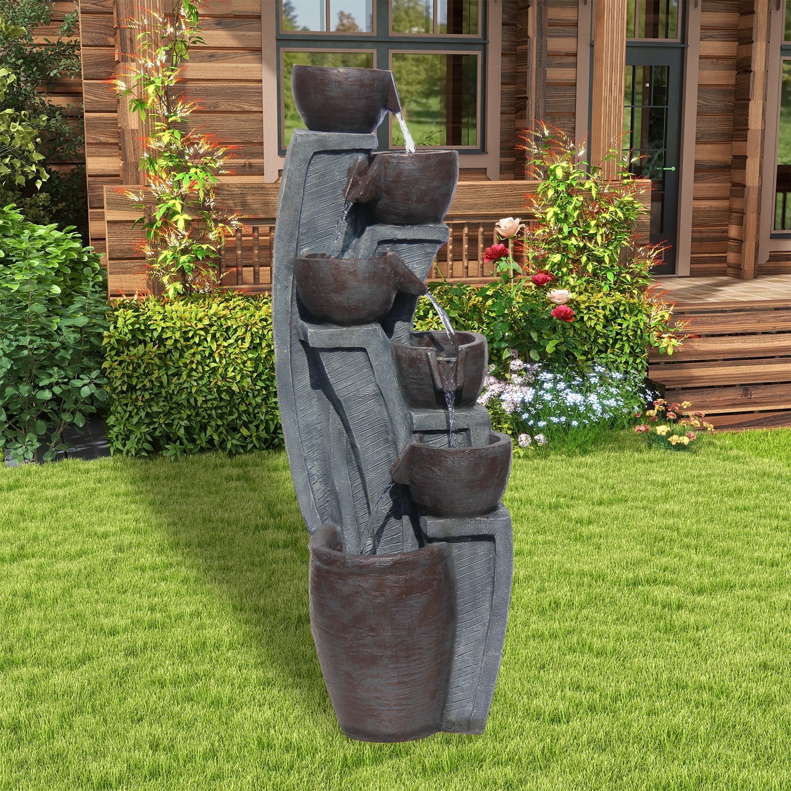6-Tier Cascading Outdoor Water Garden Fountain 49.61''H Modern Floor-Standing Indoor Waterfall Fountains Bowl and Jar Water Feature with LED Lights for Office Home Art Decor Deck Yard Patio Porch