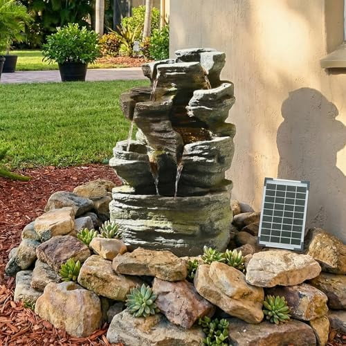 6 Tier Cascading Rock Solar Water Fountain Outdoor Garden Waterfall Decor for Garden, Patio, Backyard, Deck, Porch and Home Art Decor,24.4" H Outdoor Fountain with LED Lights$$Garden & Patio