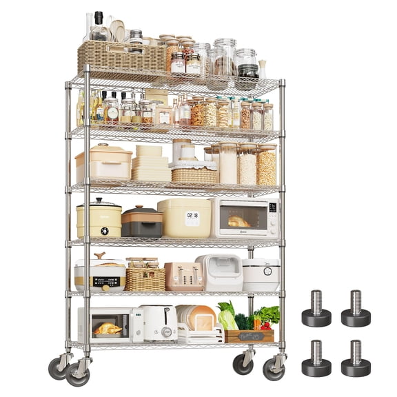 6-Tier Chrome Wire Shelving 2200LBS, Adjustable Metal Storage Rack with Wheels, NSF Garage Kitchen Rack, 47.2x17.7x71 in