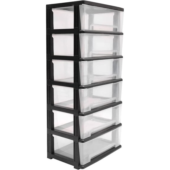 6-Tier Clear Plastic Storage Organizer Cart,Rolling Storage Cart for Closet,Storage Tower for Living Room Hallway Dormitory (Black+Clear)