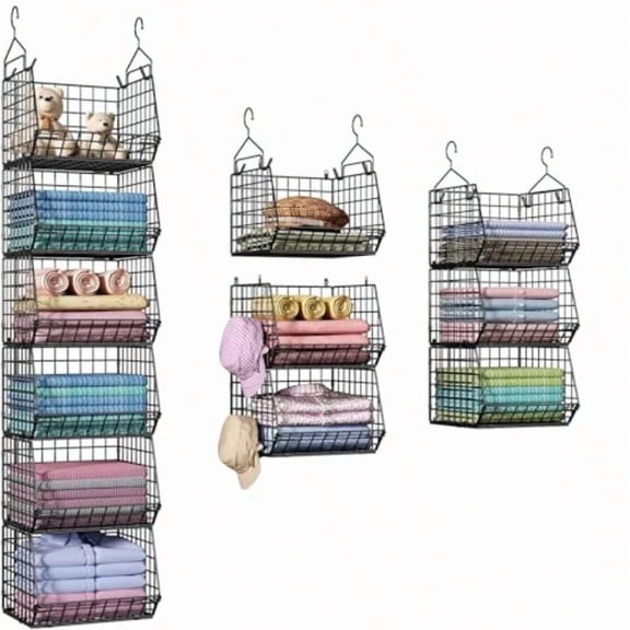 6 Tier Closet Hanging Organizer Clothes Hanging Shees with 4 Hanging Hooks 5 S Hooks Wire Storage Basket Bins for Clothing Sweaters Shoes Handbags Clutches Accories Patent Design-Black