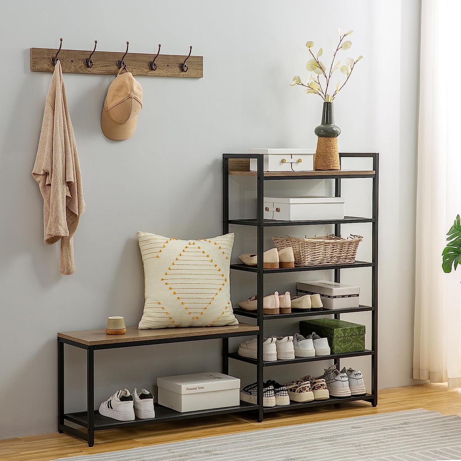6-Tier Coat Rack Shoe Bench Set, Entryway Bench with 6 Hooks Coat Rack ...