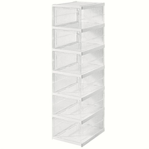 6 Tier Collapsible Shoe Rack Organizer, Sneaker Containers with Clear Door, One Piece Shoe Organizers and Storage, Stackable Hat Organizer, Plastic Storage Bins For Closet, Bedroom, Living Room