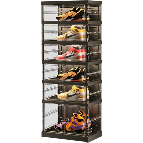 6-Tier Collapsible Shoe Storage Rack - Large Plastic Shoe Organizer with Doors, Quick Assembly, Black