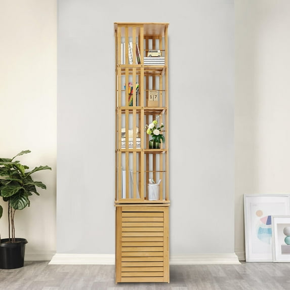 6 Tier Corner Bamboo Book Shelf 360° Rotating Display Rack Standing Storage Shelf 300 Books for Displaying Books, Family Photos, Toys, CDs, Handicrafts, Utensils(14.5*14.5*87.4in)