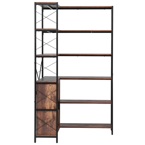 6 Tier Corner Bookcase, 70" Tall L-Shaped Bookshelf with Storage Cabinet&2 Barn Doors, Farmhouse Style Display Shelf for Living Room, Bedroom, Office