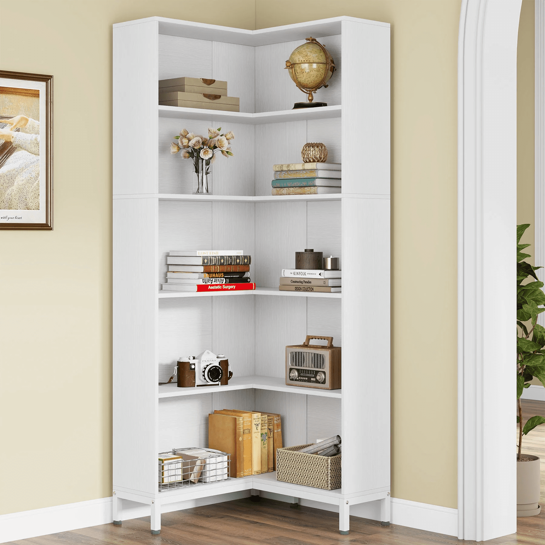 White 6-Tier L-Shaped Corner Bookcase with Metal Frame