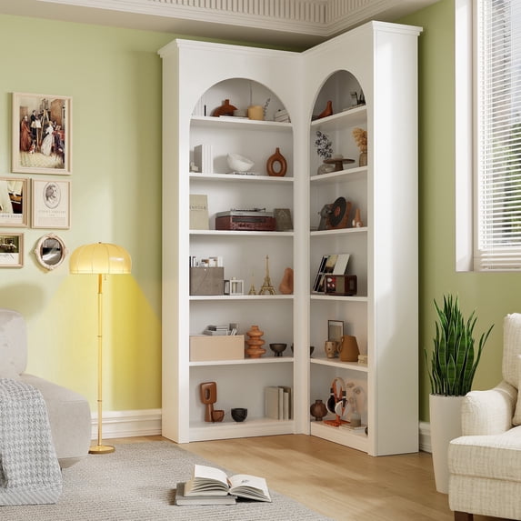 Spacesea 6-Tier Modern Corner Bookcase, Arch Wood L-Shaped Bookshelf Storage Cabinet, White Display Shelf for Living Room, Home Office Furniture