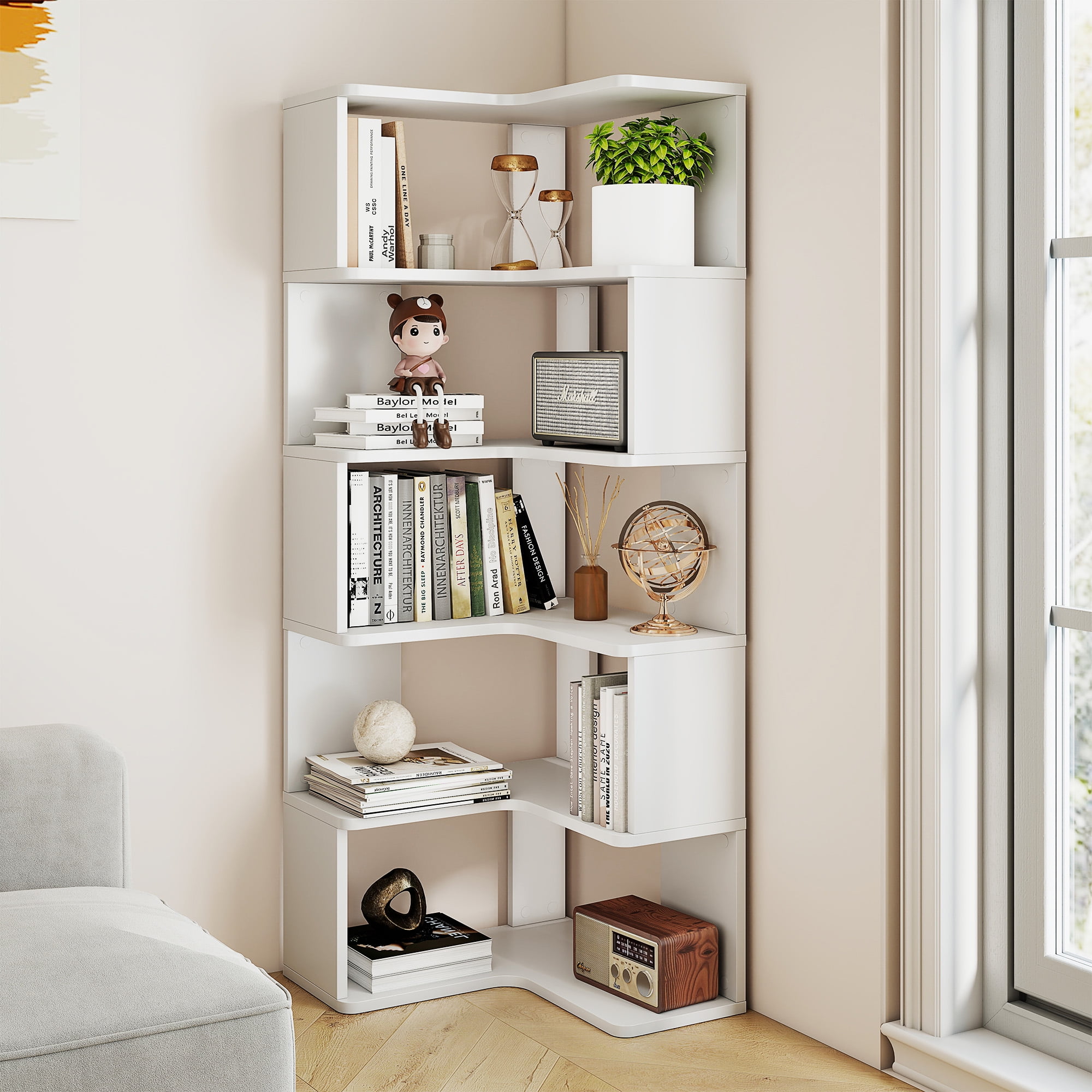 6-Tier Corner Bookshelf, 62.2" Tall Bookcase with Baffle, Large Modern Display Rack for Living Room, Home Office Storage, White