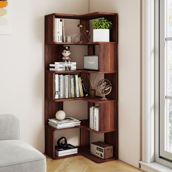 Gitawusa Walnut 6-Tier Tall Corner Bookcase, 62.2 Inch Wooden Display Rack with Baffle for Living Room Home Office Storage