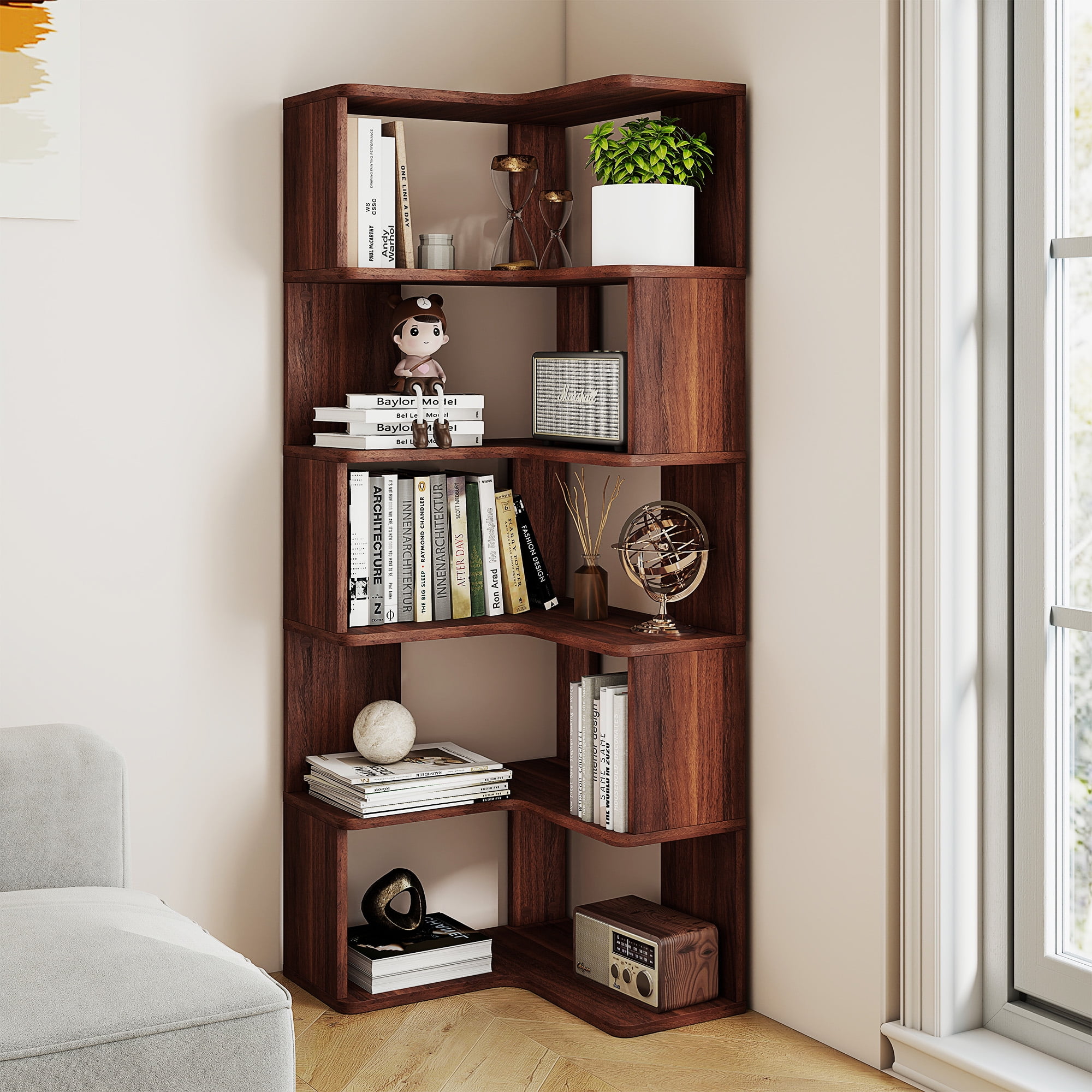 6-Tier Corner Bookshelf, 62.2" Tall Wooden Bookcase with Baffle, Large Modern Display Rack for Living Room, Home Office Storage, Walnut