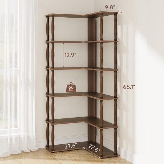 6 Tier Corner Bookshelf L Shaped with Solid Wood Posts Vintage American Display Shelf for Home Office Living Room Bedroom Kitchen