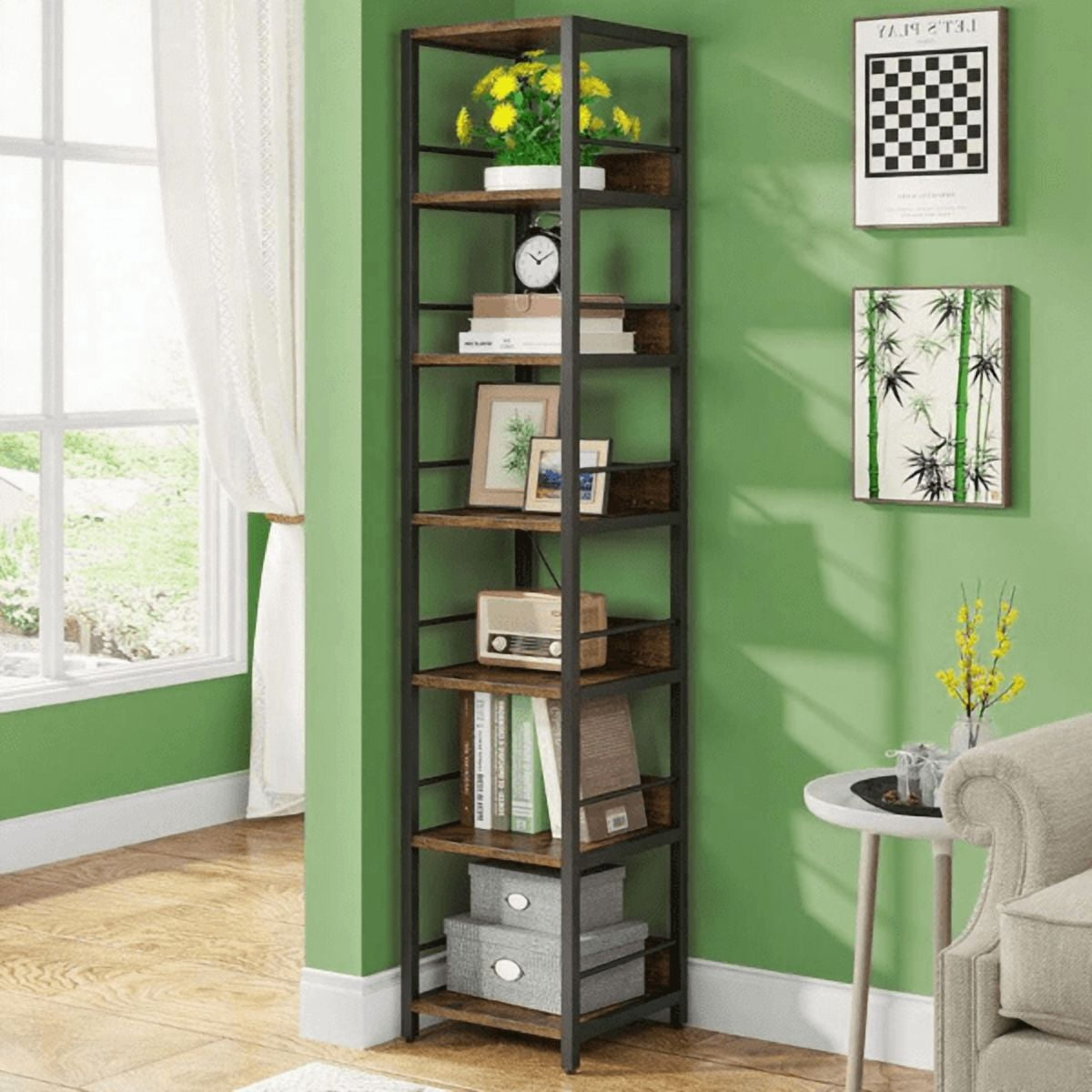 6-Tier Corner Bookshelf, Space-Saving Storage Rack with Fences, Solid Particleboard & Metal Frame, Multipurpose for Living Room, Kitchen, Bathroom