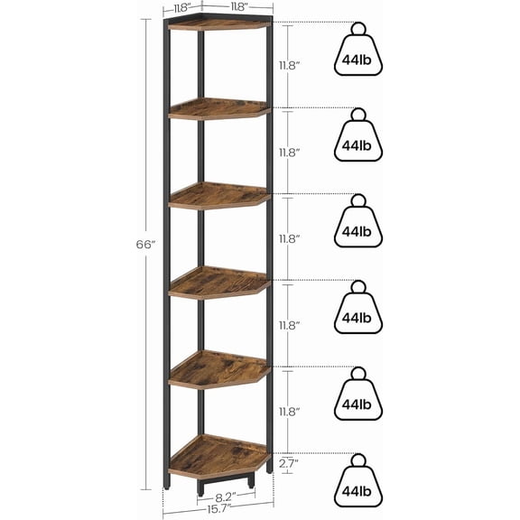 6-Tier Corner Bookshelf Storage Stand, Rustic Brown Metal Frame Corner Shelf Unit | Best Value | Sturdy Plant & Book Display, Home Office Living Room Bedroom Space-Saver Organizer