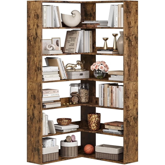 Memoryfield 6-Tier Corner Bookshelf, Tall Wooden Corner Bookcase with Baffles, Open Bookshelf L-Shaped Storage Display Rack, Bookcases Shelf Unit for Bedroom, Living Room, Brown