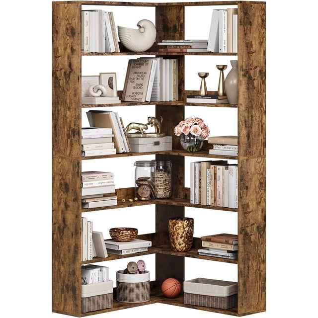 Memoryfield 6-Tier Corner Bookshelf, Tall Wooden Corner Bookcase with Baffles, Open Bookshelf L-Shaped Storage Display Rack, Bookcases Shelf Unit for Bedroom, Living Room, Brown