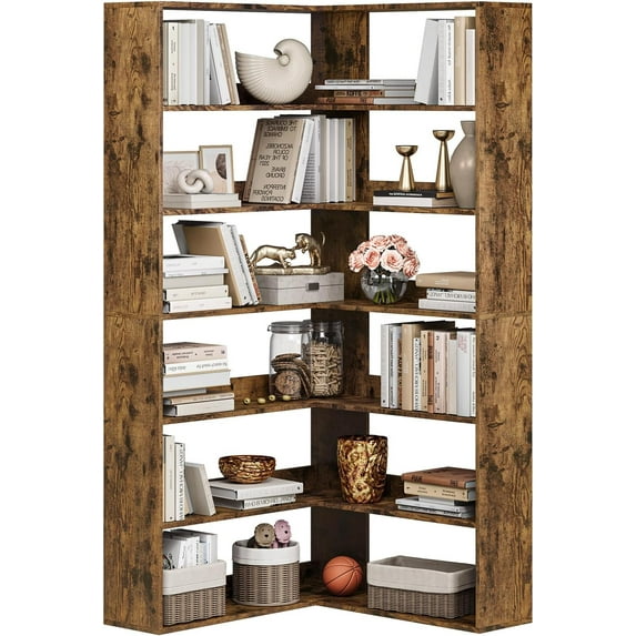 6-Tier Corner Bookshelf, Tall Wooden Corner Bookcase with Baffles, Open Bookshelf L-Shaped Storage Display Rack, Bookcases Shelf Unit for Bedroom, Living Room, Brown