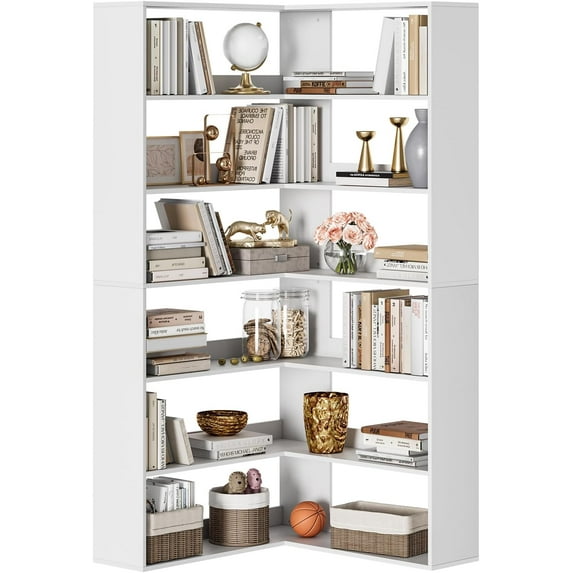 6-Tier Corner Bookshelf, Tall Wooden Corner Bookcase with Baffles, Open Bookshelf L-Shaped Storage Display Rack, Bookcases Shelf Unit for Bedroom, Living Room, White