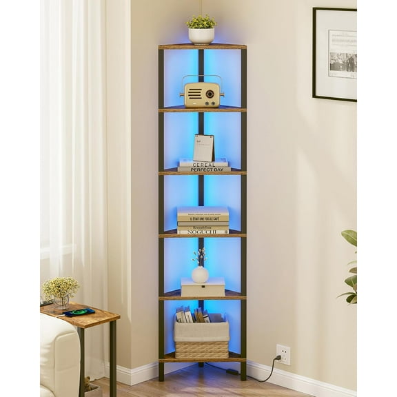 6-Tier Corner Bookshelf with LED Light,Corner Shelf for Small Space, Narrow Display Corner Shelf Stand with Storage Rack, for Living Room, Bedroom