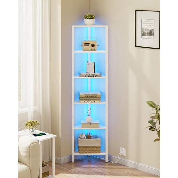 6-Tier Corner Bookshelf with LED Light, Pure White, Modern Floor-Mounted Display Shelf for Living Room and Home Office