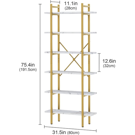 6-Tier Corner Bookshelf with Storage, White Faux Marble Shelf Modern Open Display Metal Standing Unit for Home Office Study