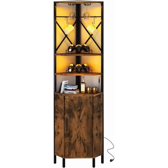 6-Tier Corner Cabinet with Power Outlet & LED Light, Industrial Bar Cabinet w/Glass Holder & 2 Flexible Hooks, Farmhouse Cabinet with Door for Small Space, Kitchen, Rustic Brown