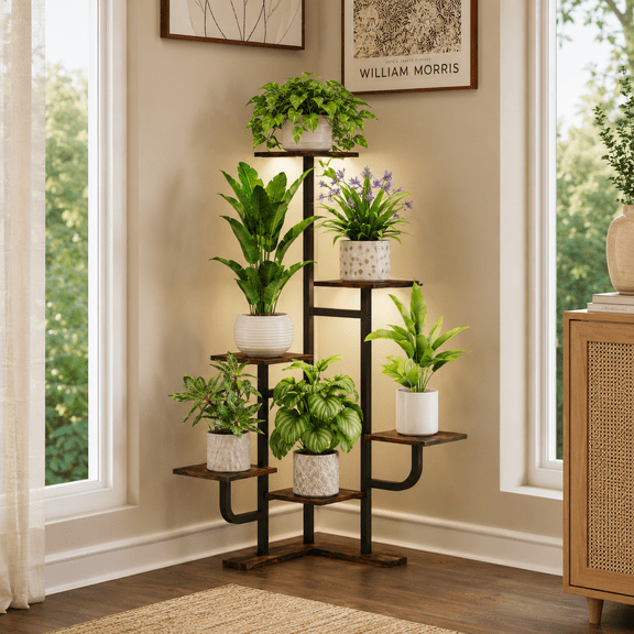 6-Tier Corner Plant Stand with Integrated Grow Light - 44-Inch Vertical Flower Display Shelf, 6-Tier Modern Pedestal Tiered Plant Rack for Living Room and Patio, Rustic Brown