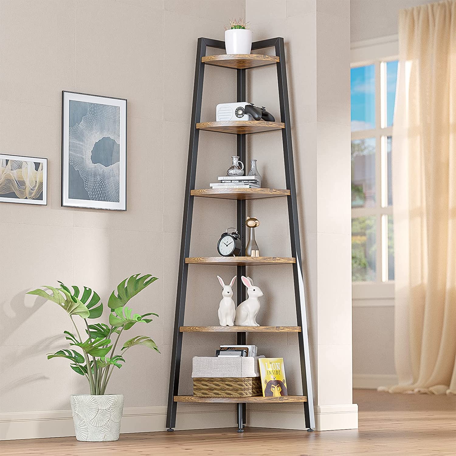 6 Tier Corner Shelf, 68.9" Industrial Tall Corner Ladder Shelf Stand