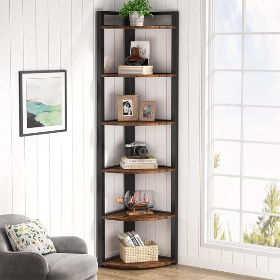 6-Tier 70.9” Tall Corner Shelf, Modern Space-Saving Corner Bookshelf with Sturdy Metal Frame, Storage Rack for Living Room, Home Office, Kitchen, Small Spaces