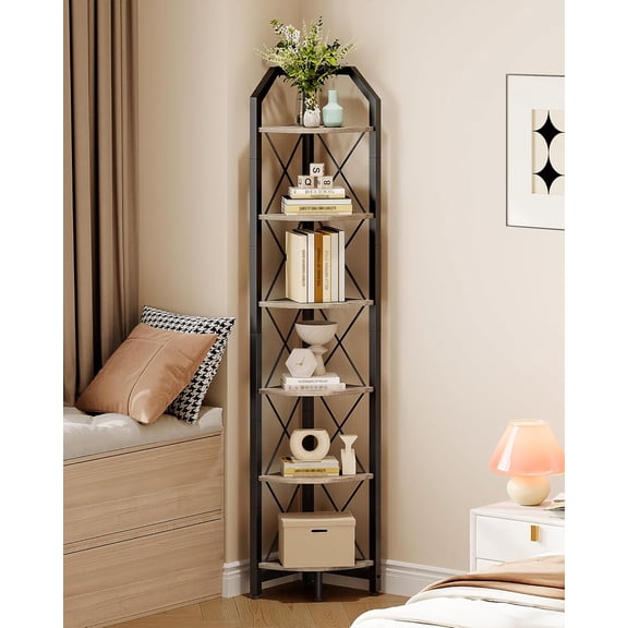 6-Tier Corner Shelf, 71.2" Industrial Storage Stand for Living Room, Home Office & Bedroom, Greige and Black