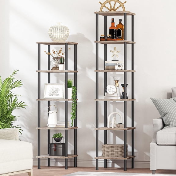 6-Tier Corner Shelf, Corner Square Rack Display Shelf, Tall Storage Rack Plant Stand, Bookcase for Small Spaces, Living Room, Home Office, Kitchen, Black BK55CJ01