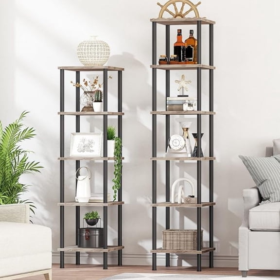6-Tier Corner Shelf, Corner Square Rack Display Shelf, Tall Storage Rack Plant Stand, Bookcase for Small Spaces, Living Room, Home Office, Kitchen, Greige and Black