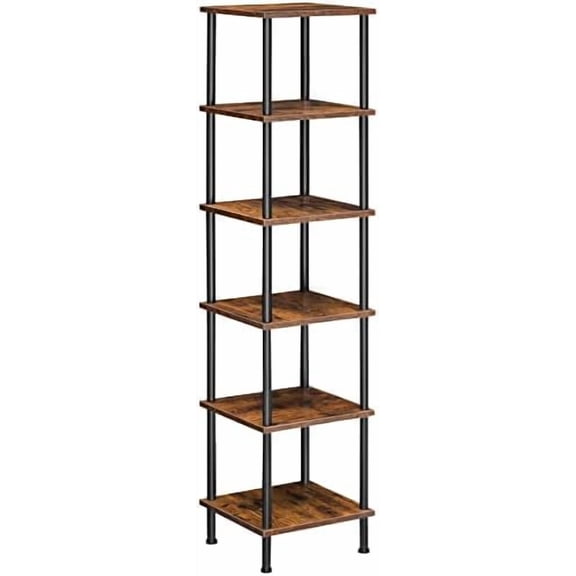 6-Tier Corner Shelf, Corner Square Rack Display Shelf, Tall Storage Rack Plant Stand, Bookcase for Small Spaces, Living Room, Home Office, Kitchen, Rustic Brown and Black BF55CJ01