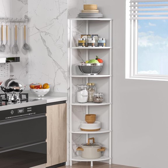 6 Tier Corner Shelf Stand, 54.4" Kitchen Shelf Organizer with Metal Frame, Small Corner Shelf for Organization & Storage, Marble White Corner Shelf for Kitchen Decor Accessories