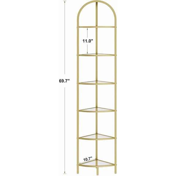 6-Tier Corner Shelf Stand, Metal Frame with Tempered Glass Shelves for Bathroom Storage and Plant Display