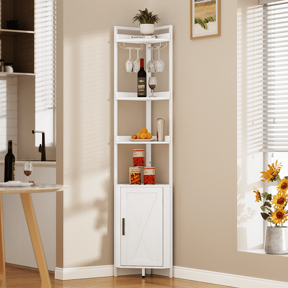 6-Tier Corner Shelf with Cabinet, Glass Holder and Barn Door Cabinet, Freestanding Home Bar for Liquor and Wine Storage, White