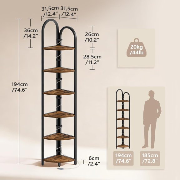 6-Tier Corner Shelf with LED Light, 74.6'' Arched Bookshelf for Living Room Small Spaces