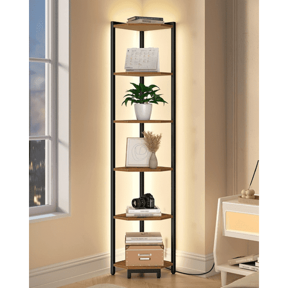 Corner Shelf 6-Tier with LED Light, Tall Narrow Bookshelf with Metal Frame for Small Spaces Living Room Home Office Bedroom, Rustic Brown