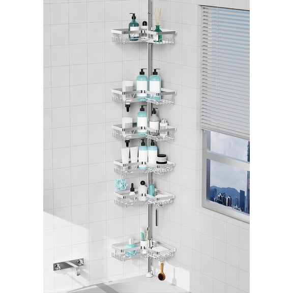 6-Tier Corner Shower Caddy Tension Pole, Adjustable Shower Tension Rod Organizer, Floor to Ceiling Shower Caddy 25-114.2 inch, Silver