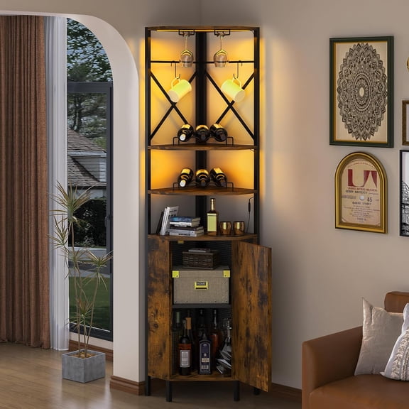 6-Tier Corner Wine Cabinet with Power Outlet & LED Light, Industrial Bar Cabinet w/Glass Holder & 2 Flexible Hooks, Farmhouse Liquor Cabinet with Door for Small Space, Kitchen, Rustic Brown